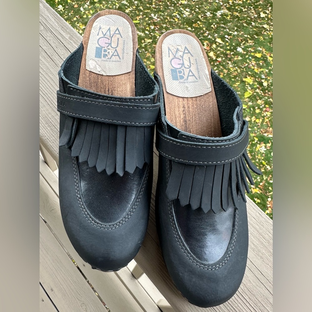 Maguba Black Leather Fringe Clogs